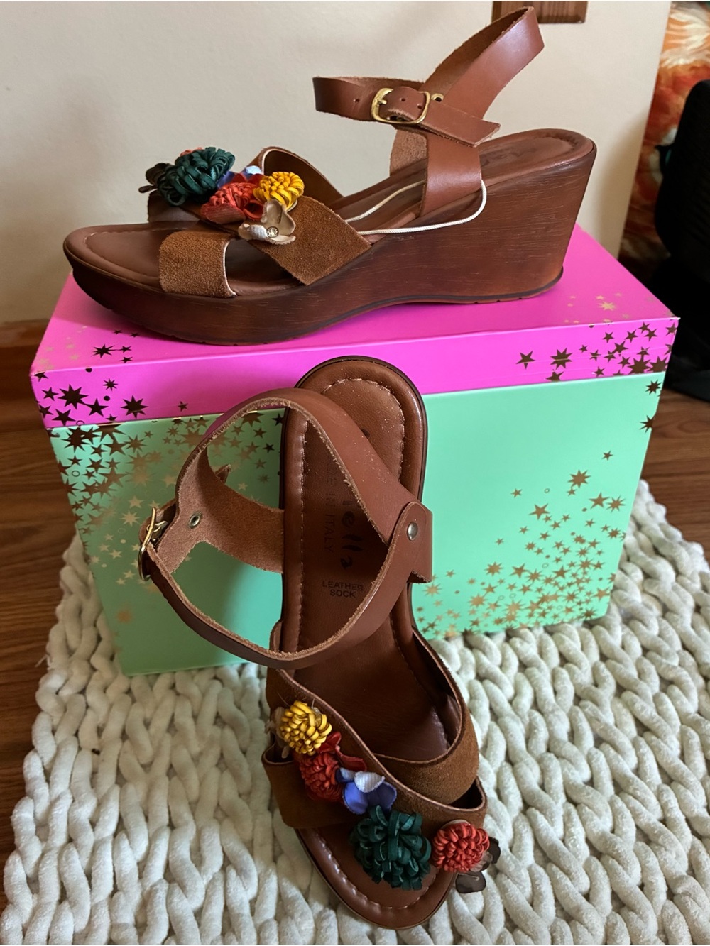 Brown Wedge Sandals with Colorful Floral Detail